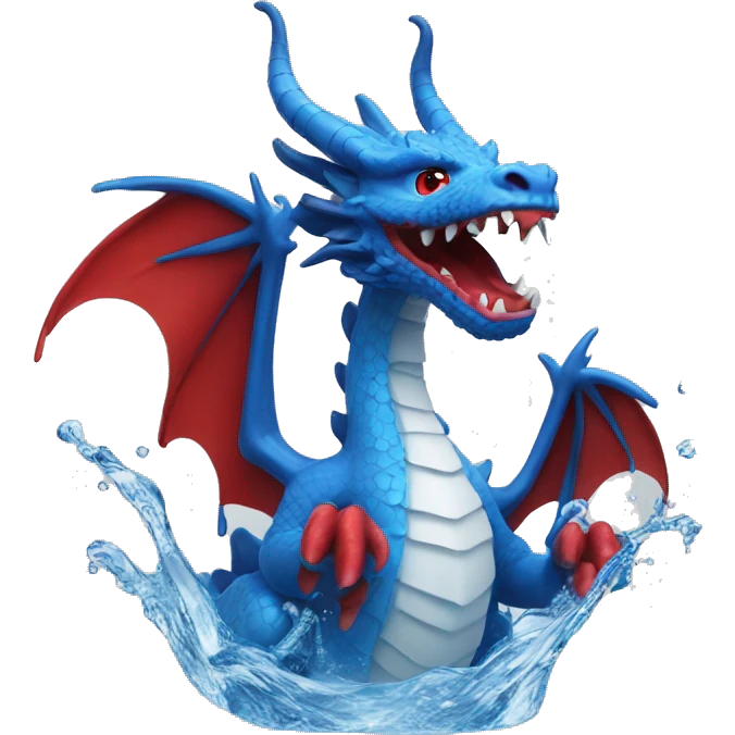 A blue dragon with red and white horns in a av filled with water  emoji
