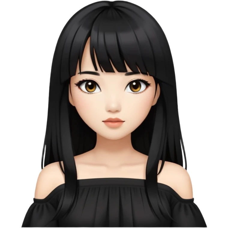 stylish woman with Asian skin, black off-shoulder top, long straight black hair with bangs, and soft makeup emoji