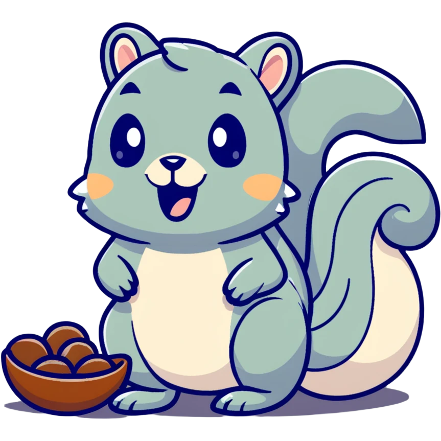 Cute hungry squirrel drooling, looking at nuts, with hungry expression emoji