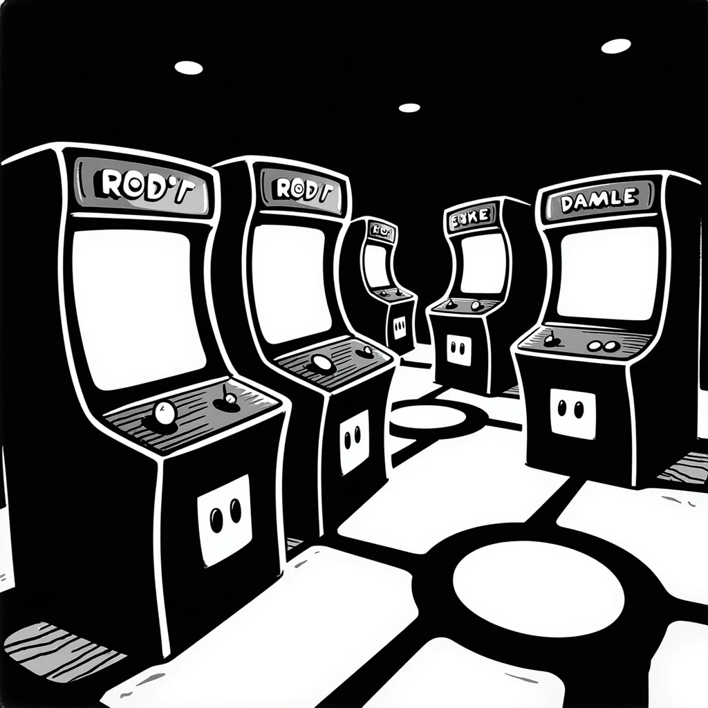An 80s arcade with glowing machines and neon flooring emoji