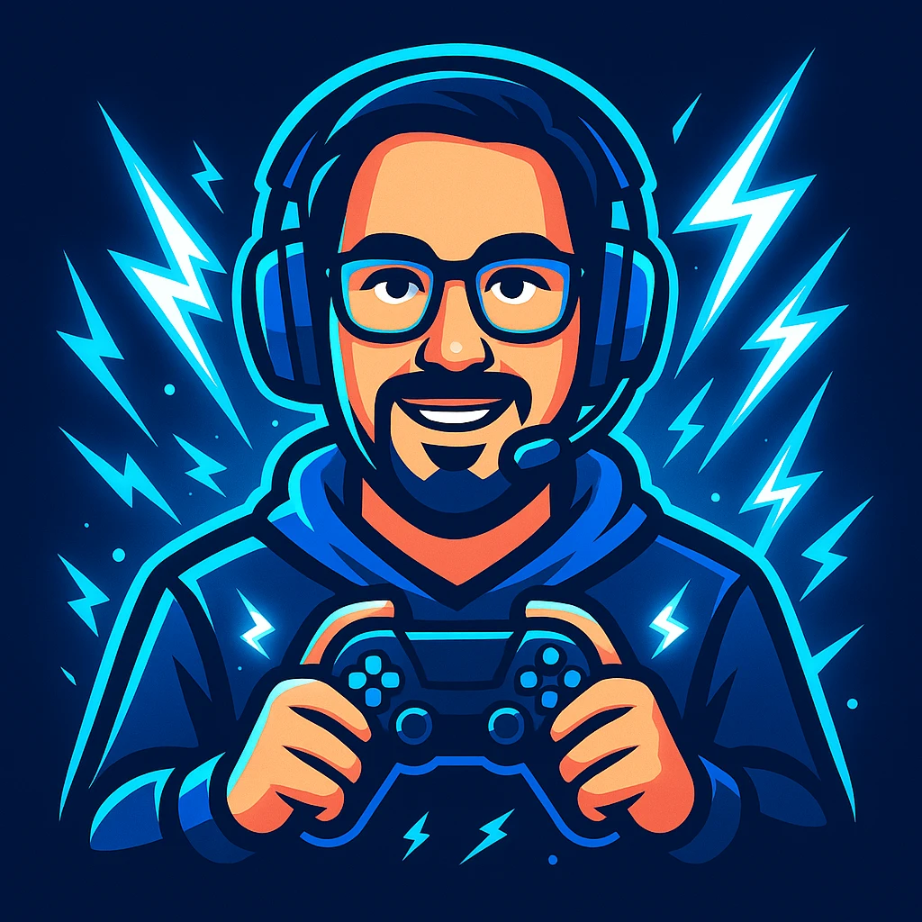 Create a modern, bold gaming logo based on the reference photo. Stylize the person with a cool gaming headset and holding a controller. Add glowing blue and white effects, with dynamic lightning accents. Use blue as the primary color. Make it energetic and suitable for a 'stream starting soon' background. emoji