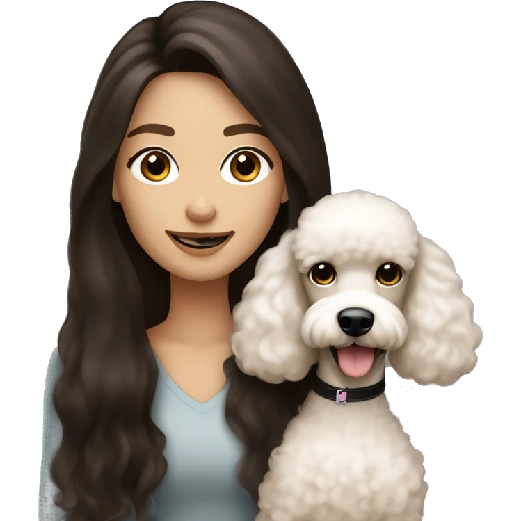brown black hair black eyes long straight hair white skin woman smile With Brown Poodle Puppy  emoji