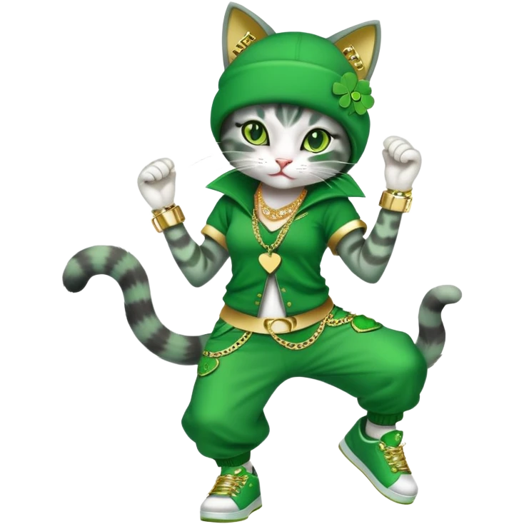 female cat dressed in hip-hop Run DMC style with green outfit, shamrock accessories, gold chains, bling, St. Patrick's Day, break dancing emoji