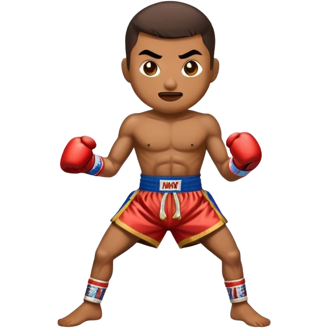 Cinematic Realistic Muay Thai Pop Culture Emoji, depicted with an action-packed portrayal of traditional Thai boxing rendered with bold textures and energetic, dramatic lighting. emoji