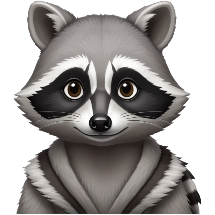 Cinematic-Noble-Raccoon-Portrait-Emoji – Poised and confident, with a sturdy build and a beautifully textured fur of silver-grey accented by dark black facial markings, deep-set, large big black eyes revealing no white, simplified yet sharp and sophisticated zoom out to show shoulders emoji
