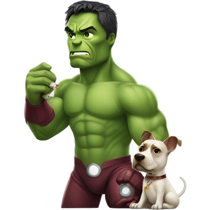 iron man holding dog dressed as hulk and smoking cigarette emoji
