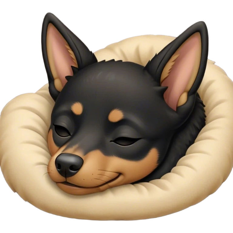 Meme-Worthy Cute Sleeping Black and Tan Kelpie Portrait Emoji, Head resting peacefully with a contented smile, showcasing a delightfully agile build and a luxuriously soft black and tan Fur, eyes shut in a serene nap, Simplified yet hilariously adorable features, highly detailed, glowing with a soft, drowsy light, high shine, relaxed and utterly lovable, stylized with an air of playful laziness, bright and heartwarming, soft glowing outline, capturing the essence of a comically sleepy herder, so meme-worthy it feels like it could instantly become the next viral sensation of adorable slumber! emoji
