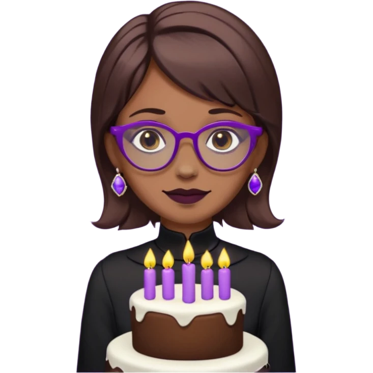 Cute ironic emoji woman, RIP 20’s theme.
Brown medium hair, grey eyes, purple glasses, nose piercing, tooth gem.
Black mourning outfit, cake with 29 candles.
Dark-cute minimal style, flat emoji design, clean lines.
Transparent background. emoji