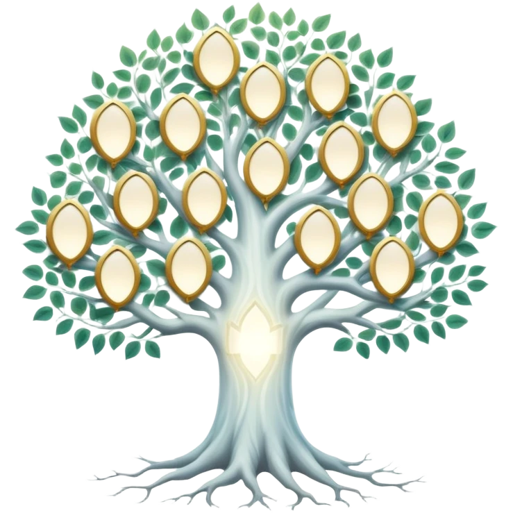 Mystical white tree with soft glowing portrait frames as leaves, ethereal genealogy connecting generations emoji