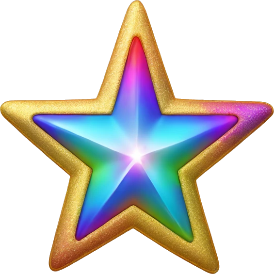 A five-point star with a shimmering gold texture and a multicoloured rainbow trail. The trail should fade from red to purple, glowing softly in a dark background.   emoji