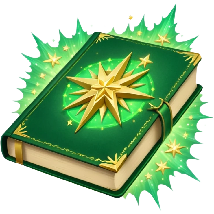 A **green, glowing book** with **golden edges**, floating with **sparkles and magical wisps** around it. The cover features a **golden starburst sigil**, symbolizing charm and radiance. ✨📖 emoji