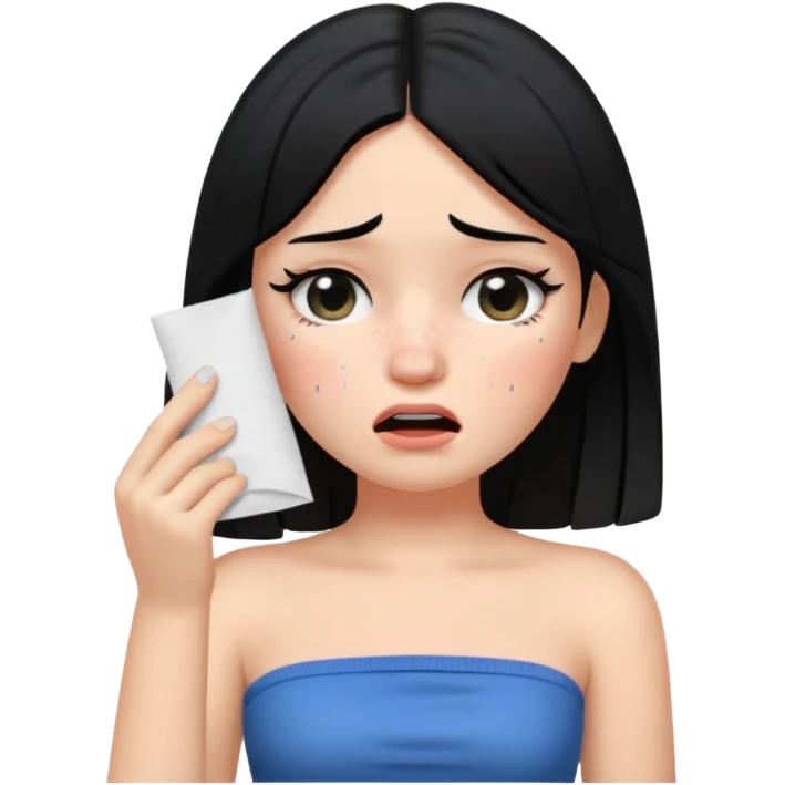 making a white skin black hair girl wearing tube using paper to swipe her tears because of stress ios memoji style emoji