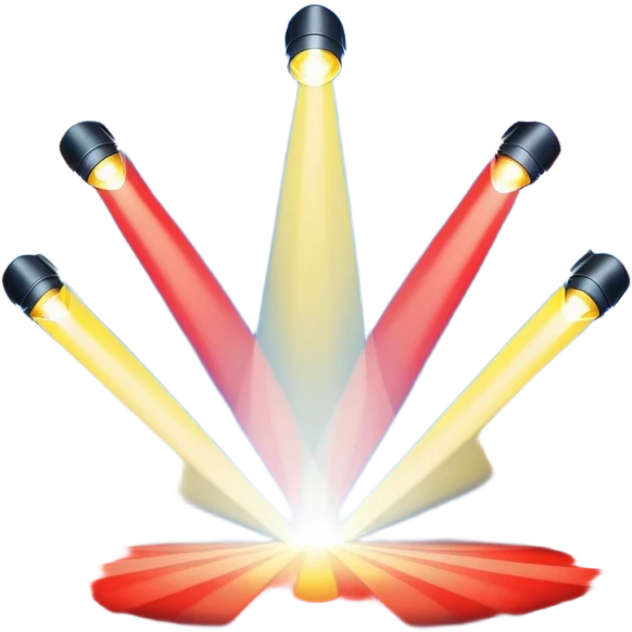 An emoji of stage lights shining brightly. Multiple spotlights in different colors (blue, yellow, red) angled towards a stage, creating a dramatic and concert-like atmosphere. Beams of light cutting through the darkness with a slight glow effect emoji