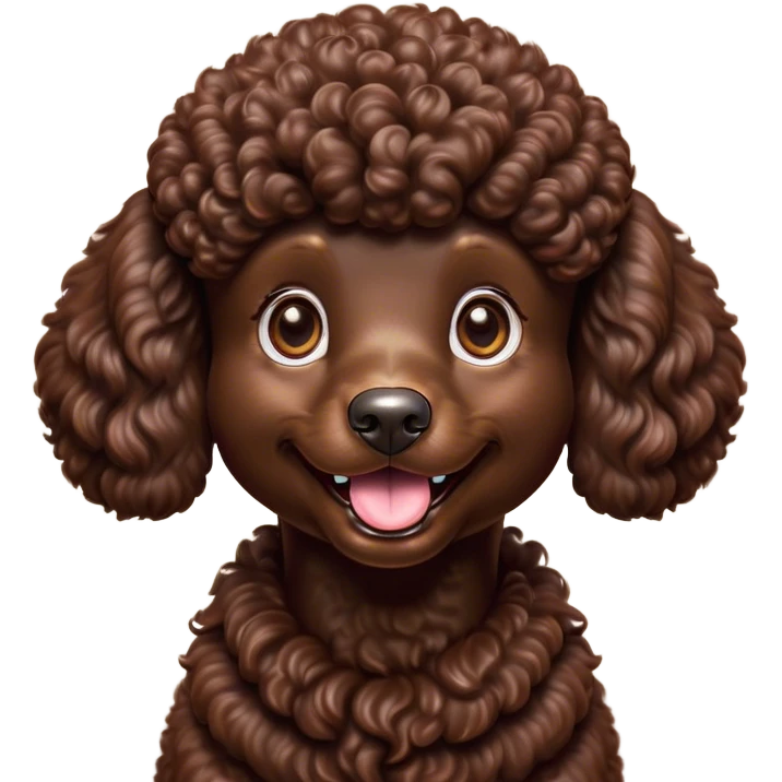 Cinematic Comical Chocolate Poodle Portrait Emoji, Head tilted dramatically with an exaggeratedly amused expression, featuring a glossy, curly chocolate Fur with a bouncy texture, wide, expressive brown eyes filled with playful disbelief, Simplified yet hilariously expressive features, highly detailed, glowing with a slightly sassy glow, high shine, dramatic yet playful, stylized with an air of cheeky mischief, bright and endearing, soft glowing outline, capturing the essence of a spirited and over-the-top companion, so meme-worthy it feels like it could side-eye its way into internet fame instantly! emoji