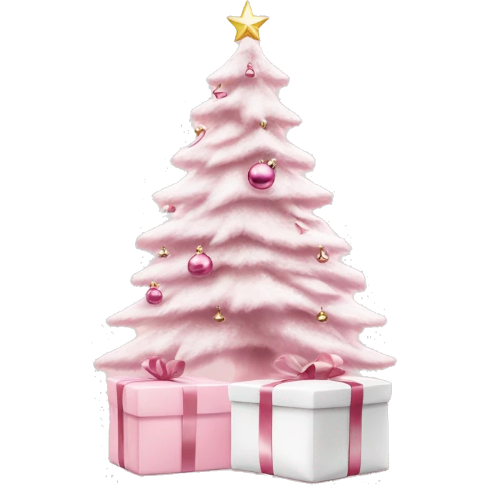 Light pink Christmas gifts under a white Christmas tree  emoji