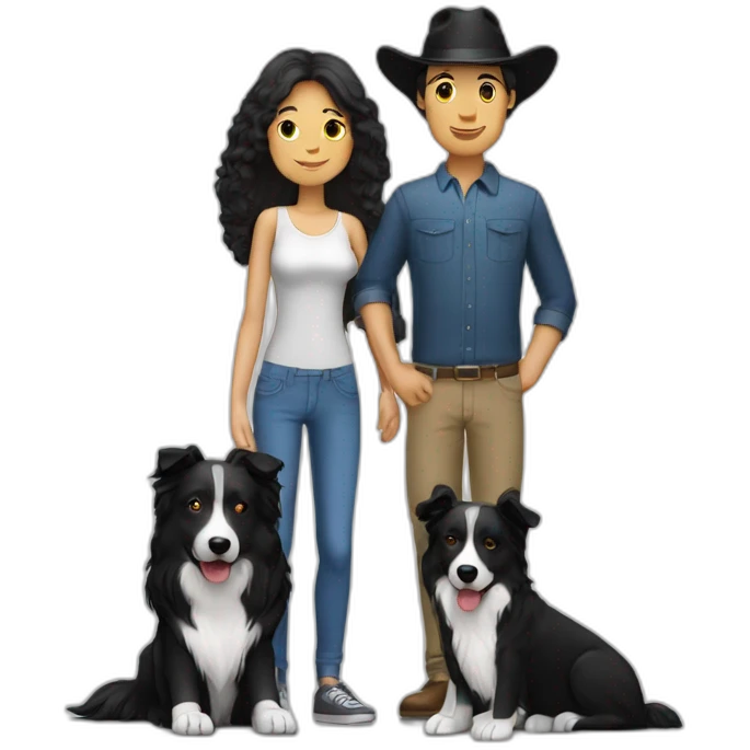 Family formed by a White man on hat and a White woman with long black hair and a small black border collie dog emoji