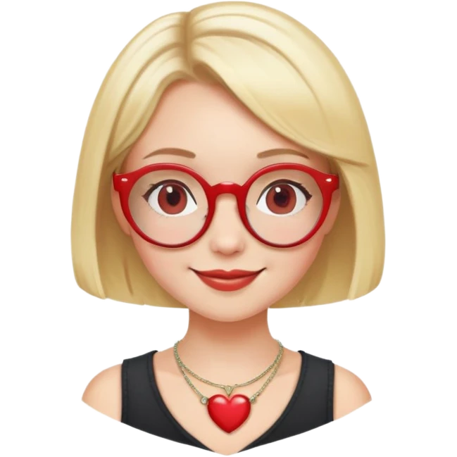 white girl head with short blonde bob hair, red round glasses, heart necklace, smiling emoji