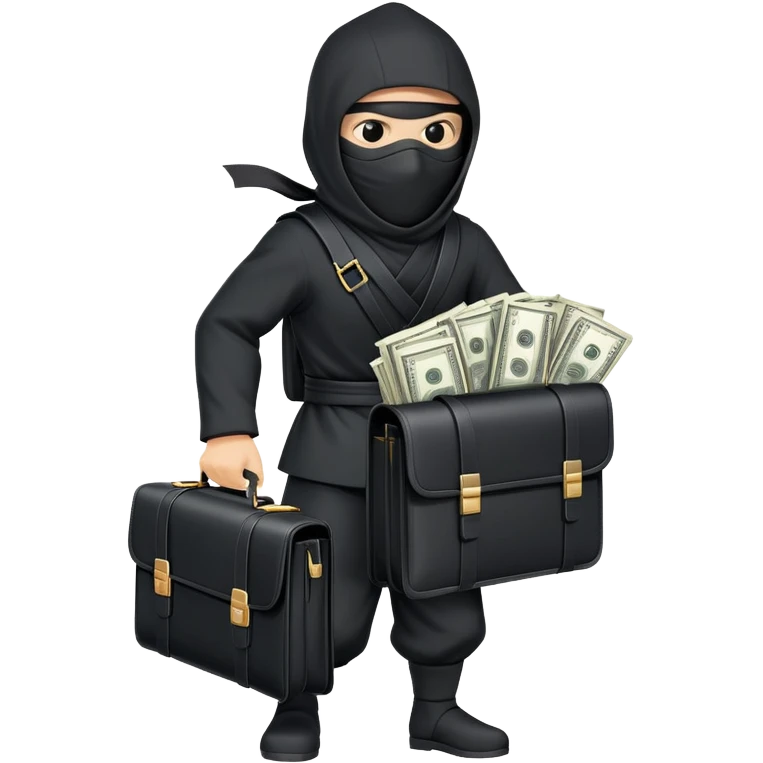 Masked ninja carrying a black briefcase overflowing with dollar bills emoji