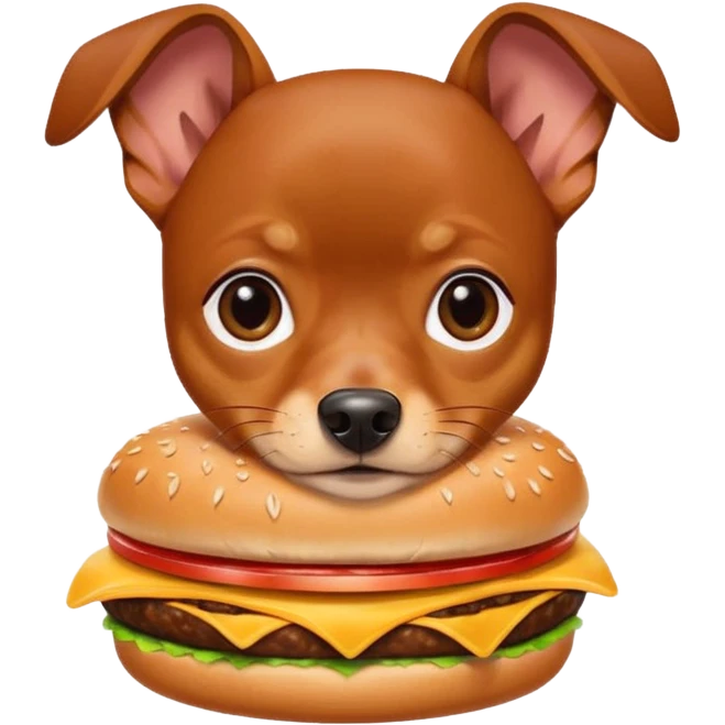Miniature pinscher dog with white paws eating a giant, juicy hamburger emoji