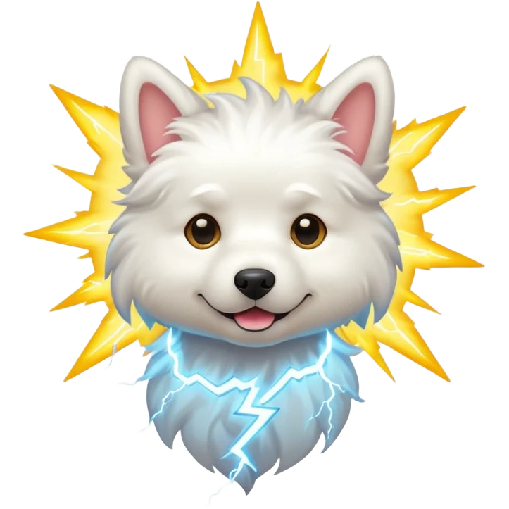 white fluffy dog with electric lightning emoji