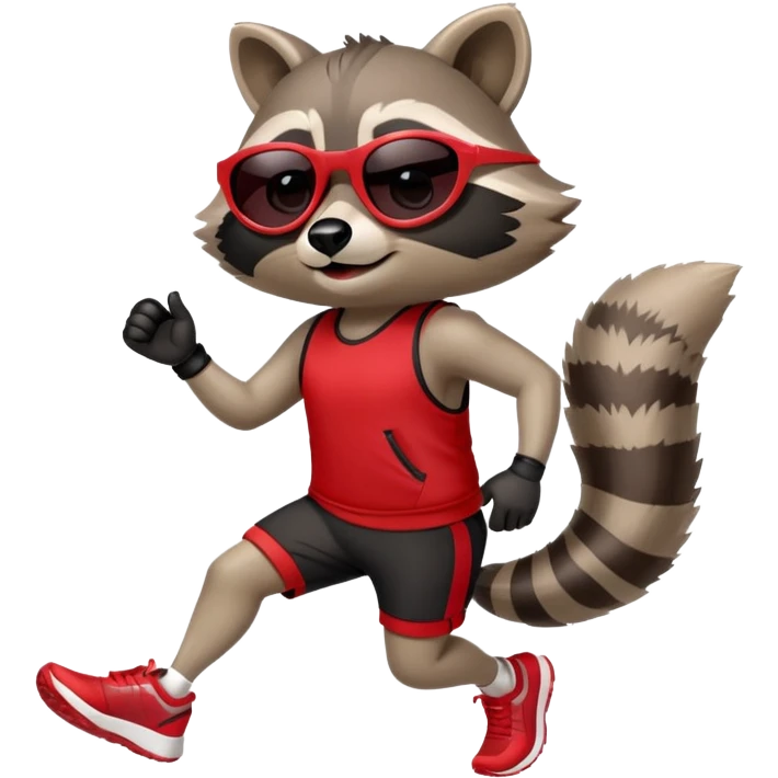 friendly anthropomorphised raccoon in sports wear, wearing dark sunglasses, jogging upright in standard pose emoji