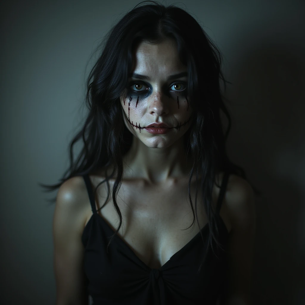 realistic horror portrait of a beautiful scary girl with supernatural beauty, unsettling expression, horror lighting, gothic style emoji
