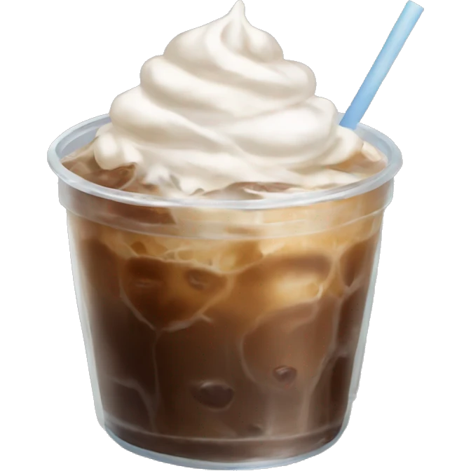 Large iced coffee in clear cup with ice and whipped cream emoji