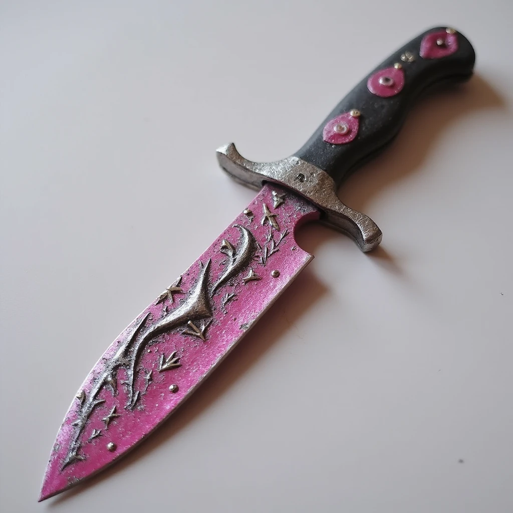 realistic gothic knife, pink and silver, photorealistic style, no background emoji