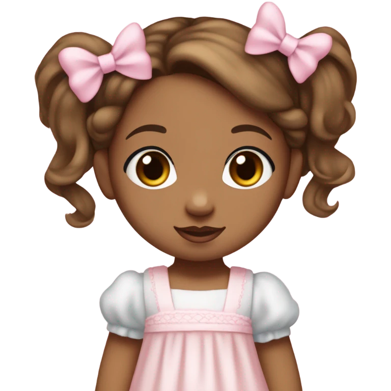 Little  babygirl with light brown skin, blue eyes. Light brunette wavy hair in two ponytails, with light pink bows.  She is wearing a light pink and White dress, holding a teddybear with a pink bow. emoji