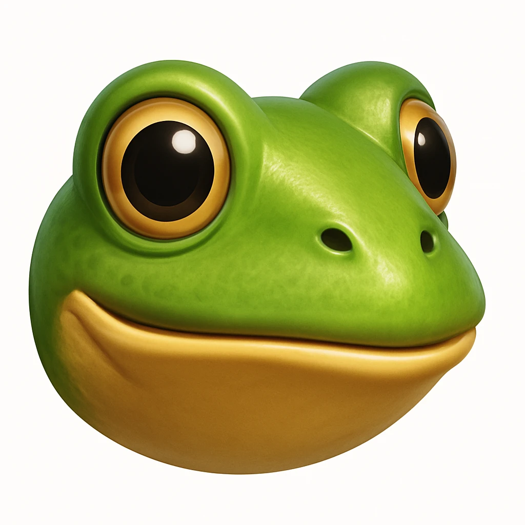 Create an emoji that looks exactly like the reference image in iOS emoji style. The emoji should have 3D appearance, shiny surface, smooth gradients, soft shadows, and a realistic green frog head with a classic emoji look. emoji