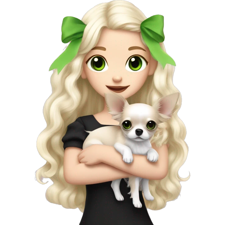 pale blonde girl with long platinum white wavy hair with bright green eyes and wearing a light pink hair bow holding a black and white long haired chihuahua puppy also wearing a hair bow emoji