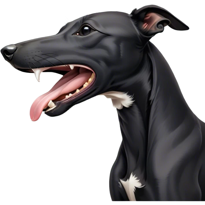 Cinematic Cute Yawning Black Greyhound Portrait Emoji, Head tilted slightly with a dramatic, wide-open yawn, showcasing a sleek black Fur with a polished finish, floppy ears slightly drooping, round dark eyes barely open in drowsy contentment, Simplified yet irresistibly adorable features, highly detailed, glowing with a soft, cozy glow, high shine, relaxed yet expressive, stylized with a touch of whimsy, bright and endearing, soft glowing outline, capturing the essence of a sleepy yet affectionate racer, so drowsy it feels like it could stretch out of the screen and curl up for a nap! emoji