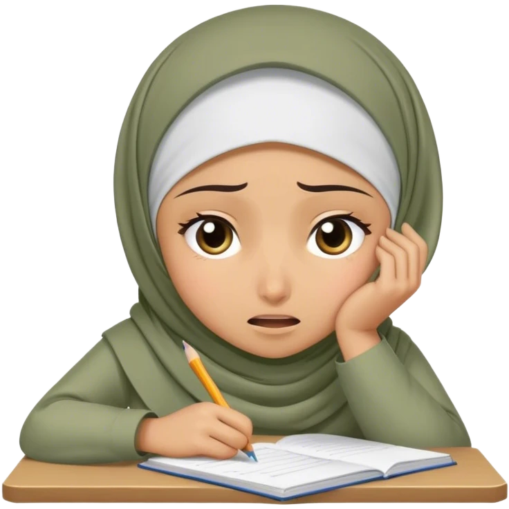 hijabi girl doing homework looking stressed suffring and crying emoji