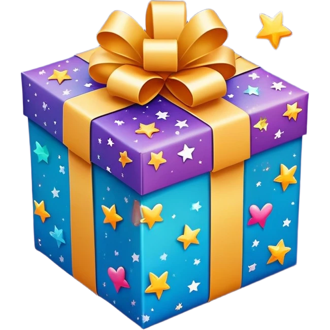 cute gift box with sparkling stars and hearts, smiling wrapping paper, vibrant colors, joyful and romantic mood emoji
