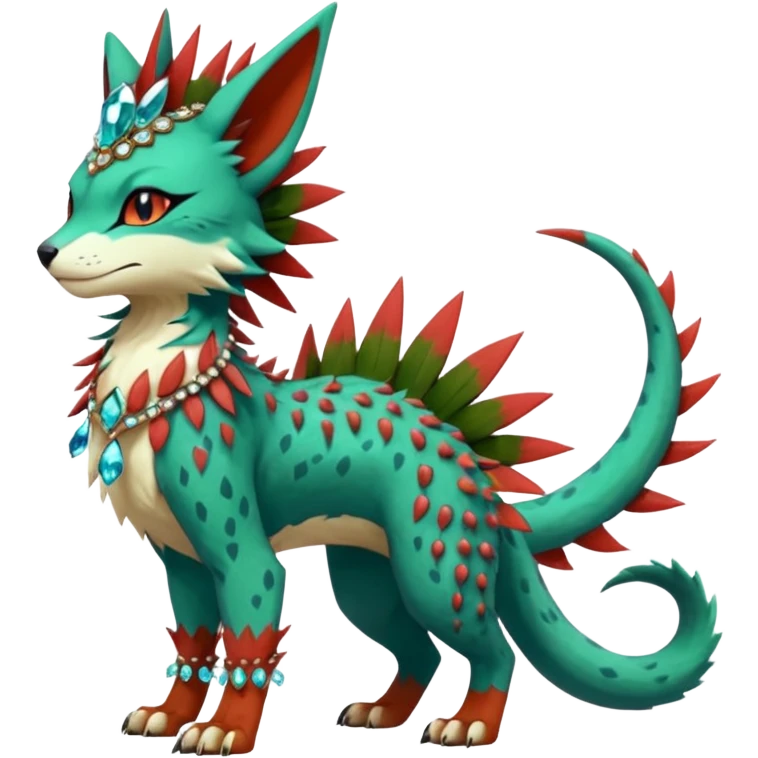 Kawaii cute greenish reddish colorful warm-colored exotic tropical beautiful pretty elegant divine edgy feline-vernid-sergal-Fakémon-Pokémon-fursona-animal-creature with accessories, jewelries, full body, with intricate detailed markings, spikes, crystals, fins, scales, spiny, feathered, headdress emoji