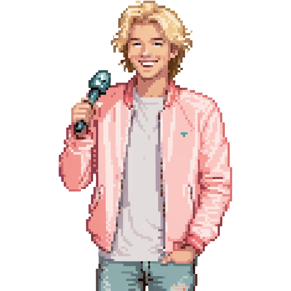 Expressive male performer, Caucasian features, tousled sandy blonde hair, lively eyes, wide cheerful smile, wearing a coral pink jacket over white tee, tossing a microphone in one hand, waist-up, front-facing emoji