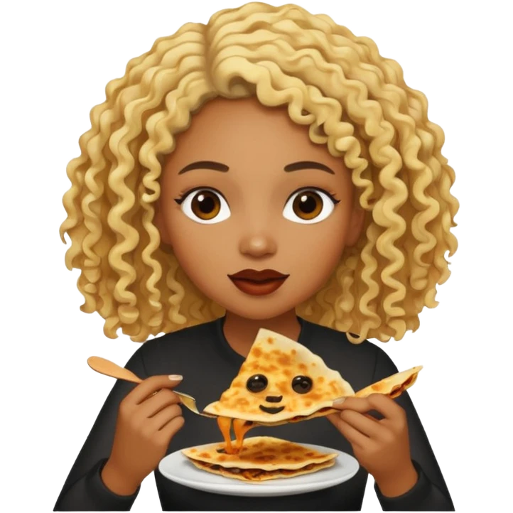 mujer con pelo rubio rizado comiendo quesadillas quemadas.negraa emoji