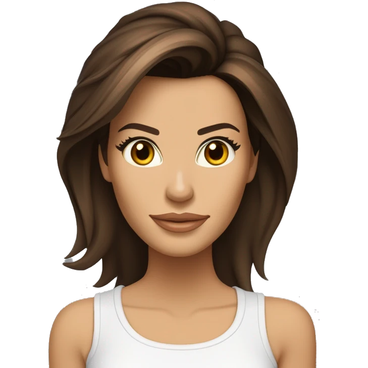 visage 3/4, contrasté, ombre, lumière, expression eva longoria, debout de loin, nez fin, femme brune, yeux noisette, longs cils, cheveux foncés dégradés épaule, t-shirt blanc, jean, baskets blanches emoji