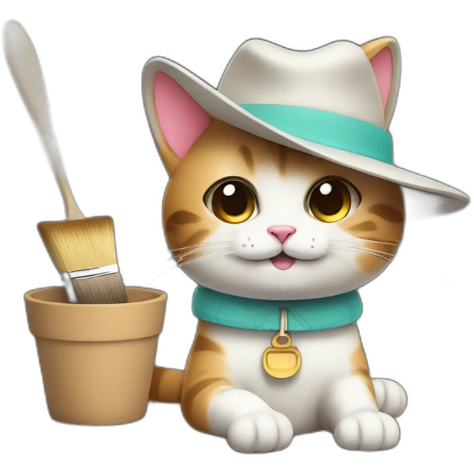 Kawaii cat artist in hat holding palette and brush so it can be used as a mouse cursor emoji