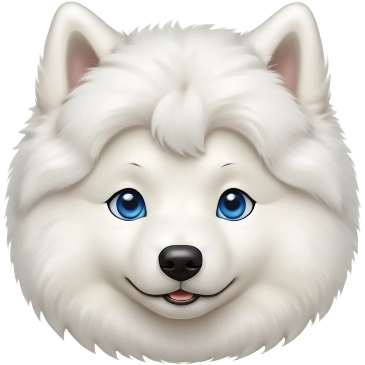 Cinematic Cute Samoyed Portrait Emoji, Head tilted playfully and inquisitively, featuring a fluffy, pristine white Fur with a natural sheen, round, sparkling blue eyes filled with curiosity, Simplified yet irresistibly adorable features, highly detailed, glowing with a warm, friendly glow, high shine, affectionate and lively, stylized with a touch of whimsy, bright and endearing, soft glowing outline, capturing the essence of a mischievous yet loving companion, so playful it feels like it could frolic out of the screen and into your arms! emoji