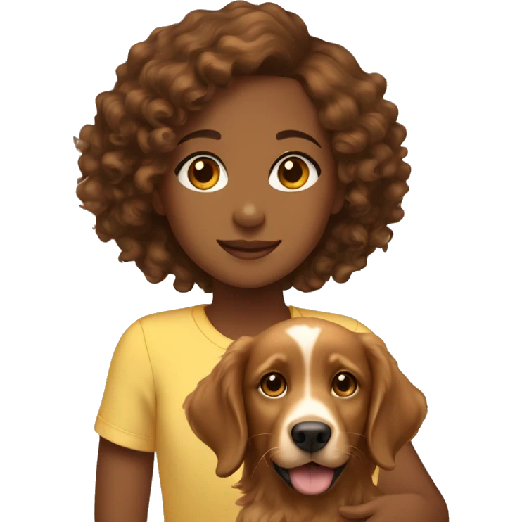 Brown girl with brown curly hair with a golden retriever puppy emoji
