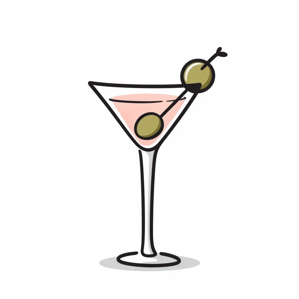 A classic martini glass with olive garnish in pastel colors (dd9fb0, ffc6d3, a3bfc9, c4bee2, f1b091), hand-drawn doodle style emoji