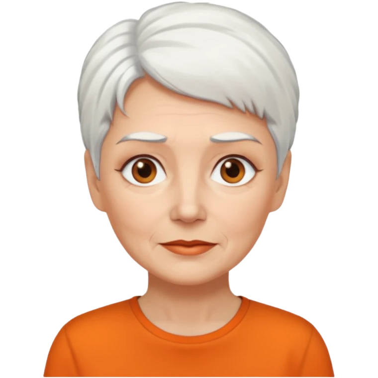older white haired woman with orange shirt short white hair make eyebrows brown emoji