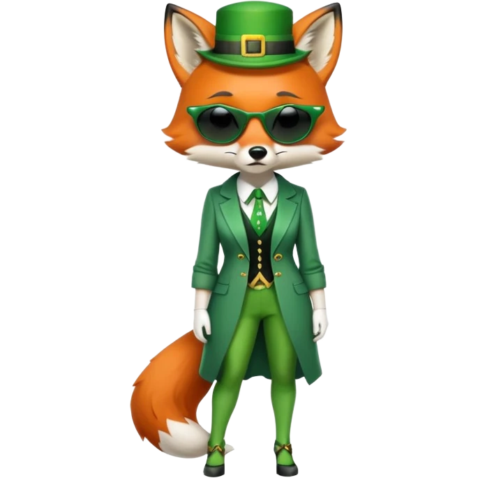 serious anthropomorphised female fox in stylish St. Patrick's Day outfit with sunglasses, looking sad and alone, full-body view emoji
