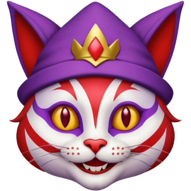 crazy colorful cute little cat jolly joker from poker, medieval, vintage, court jester, mac os icon, purple, gold and red color, half body emoji