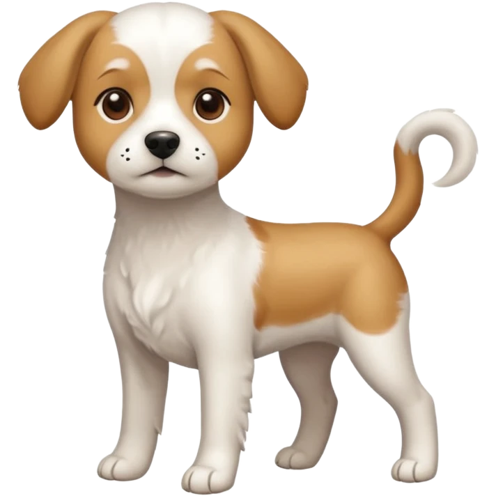 a full body white beagle x maltese x chi dog the size of a kelpie with light brown ears and a light brown patch on one eye emoji