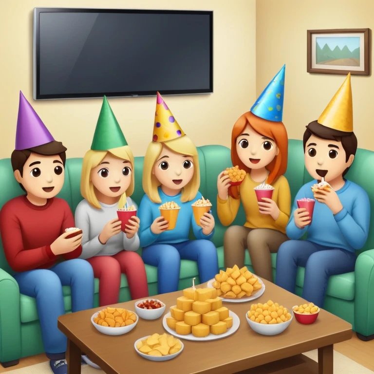 group of friends watching TV with snacks, party scene emoji