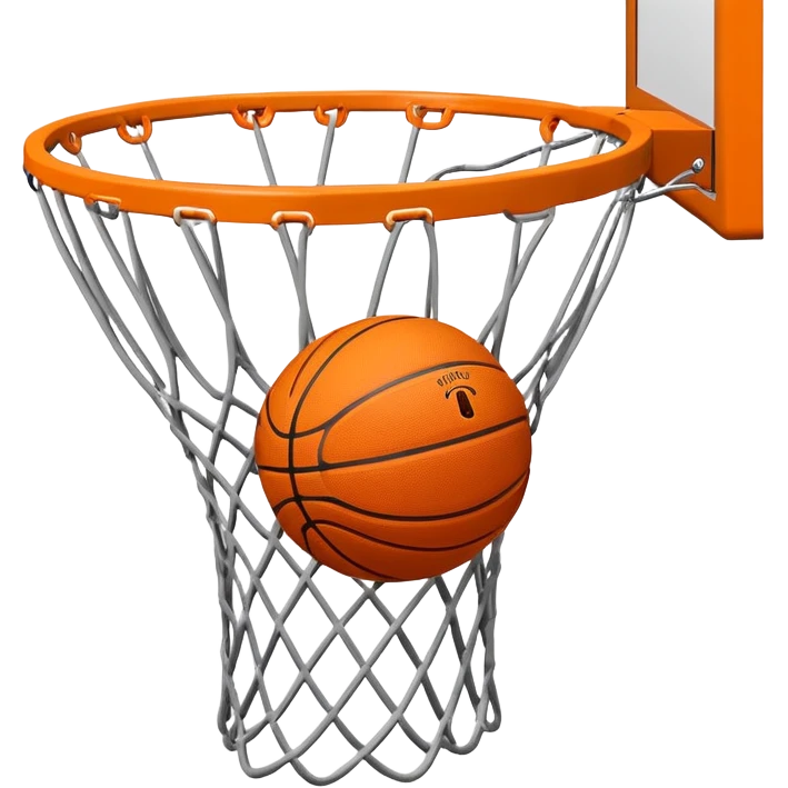 Orange Spalding basketball inside basketball net, viewed from below the hoop, minimalist design, iOS emoji style emoji