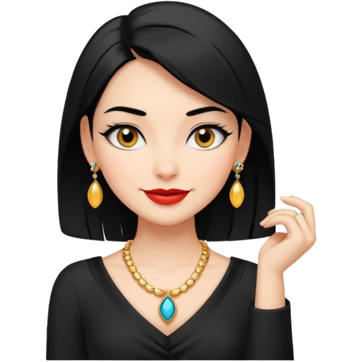 A confident, stylish female cartoon character with black hair, sly smile, flirtatious eyes, elegant pose, jewelry hints, minimalist, high-contrast colors, designed as a small, bold emoji icon. emoji