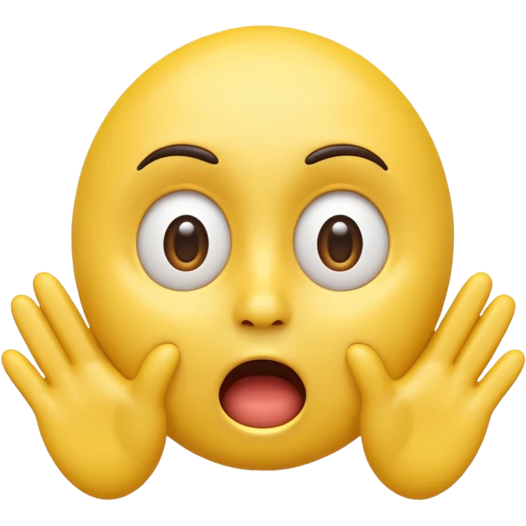 A 3D glossy yellow emoji of a shocked horrified face, with mouth and eyes are wide open, eyebrows  raised, and hands against their cheeks, face without nose, black background, high quality, soft studio lighting emoji
